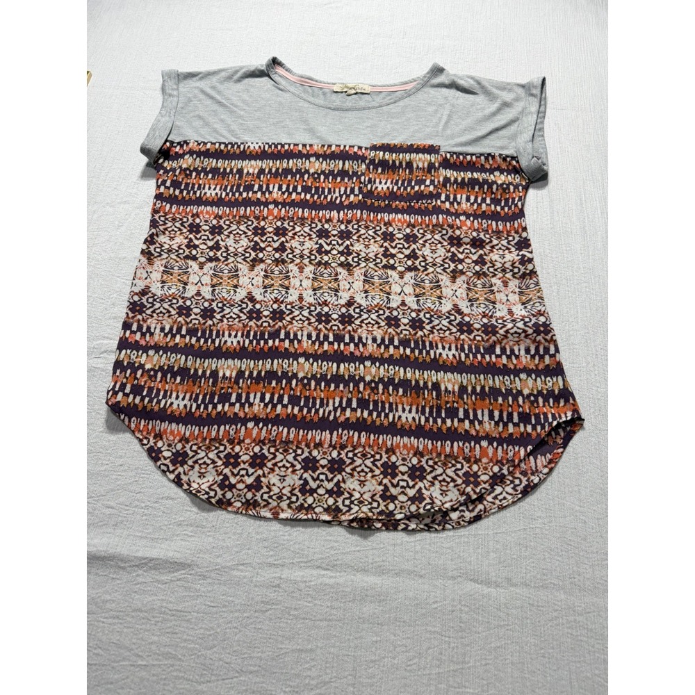 Rewind Women's Tribal Mixed Media Pocket Top Gray Orange Purple L